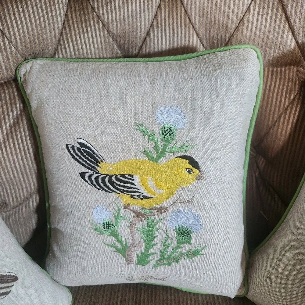 Set of 3 Embroidered Bird Throw Pillows Robin Goldfinch Cardinal 12x12 Accent